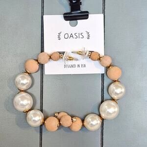Pearl Wood Hoop Earrings Gold Tone Round Beads Boho Oasis Pierced 2.58" USA